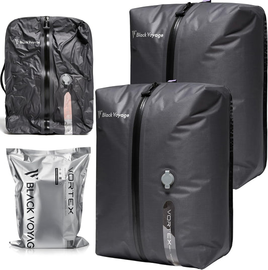 Black Voyage Reusable Vacuum Compression Travel Bag for Carry-On Suitcase and Backpack, Recycled IP67 Waterproof Space Saver Vacpack (2-Pack, 18L - No Pump)