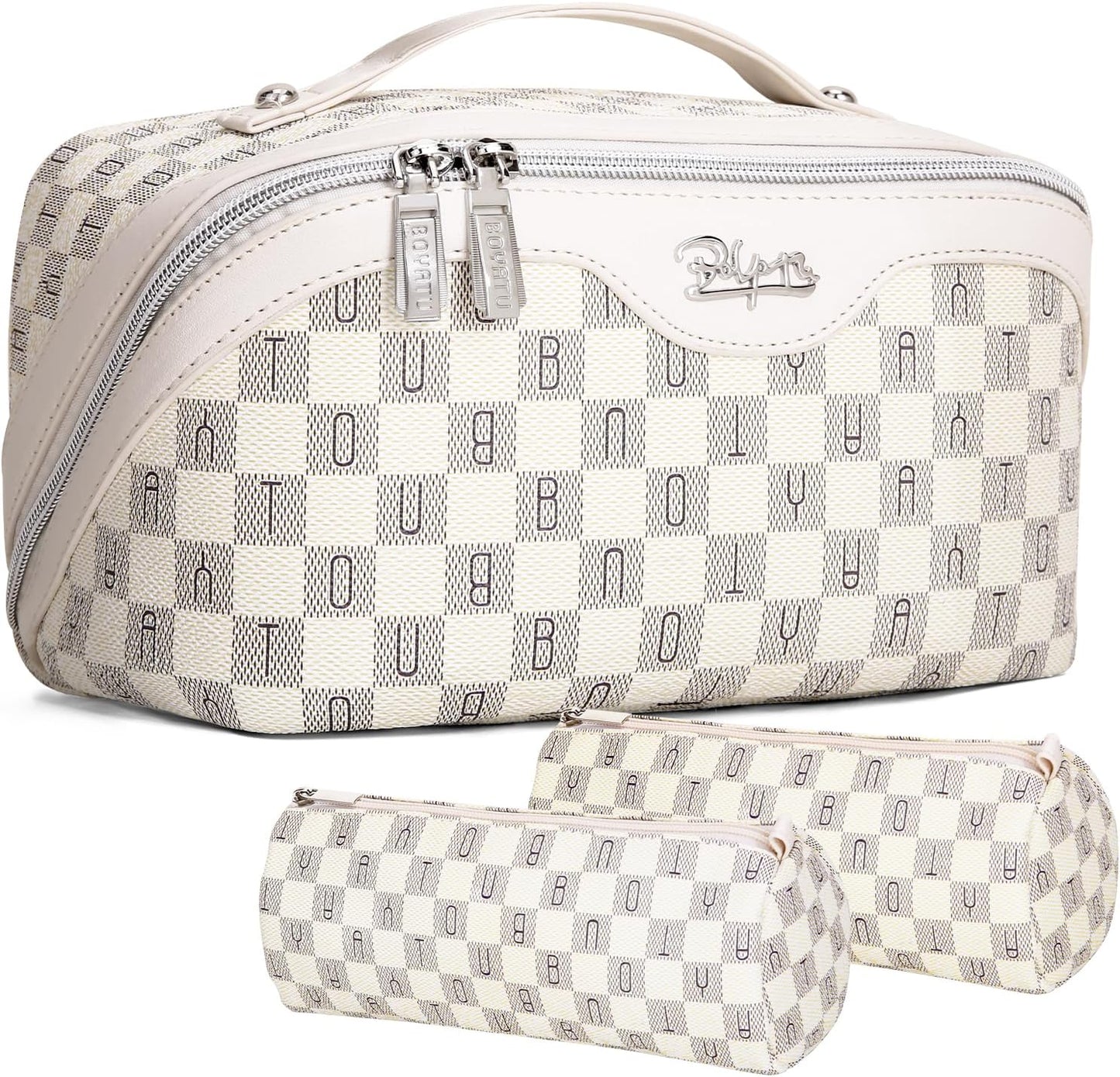 BOYATU Travel Makeup Bag Cosmetic Bags for Women: 3 Pcs Set Portable Make up Bag with Handle - Vegan Leather Toiletry Bags with Compartments - Makeup Organizer for Travel Essentials(02-Beige)