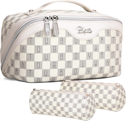 BOYATU Travel Makeup Bag Cosmetic Bags for Women: 3 Pcs Set Portable Make up Bag with Handle - Vegan Leather Toiletry Bags with Compartments - Makeup Organizer for Travel Essentials(02-Beige)