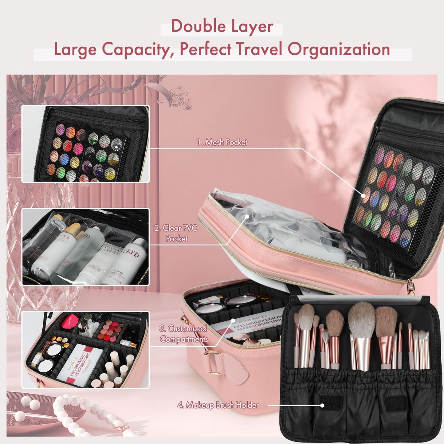 Travel Makeup Bag with LED Mirror Double Layer, Detachable Vanity Mirror with Lights, Tri-light Dimmable, Makeup Case with Adjustable Dividers and Brush Holder Cosmetic Organizer Storage Box