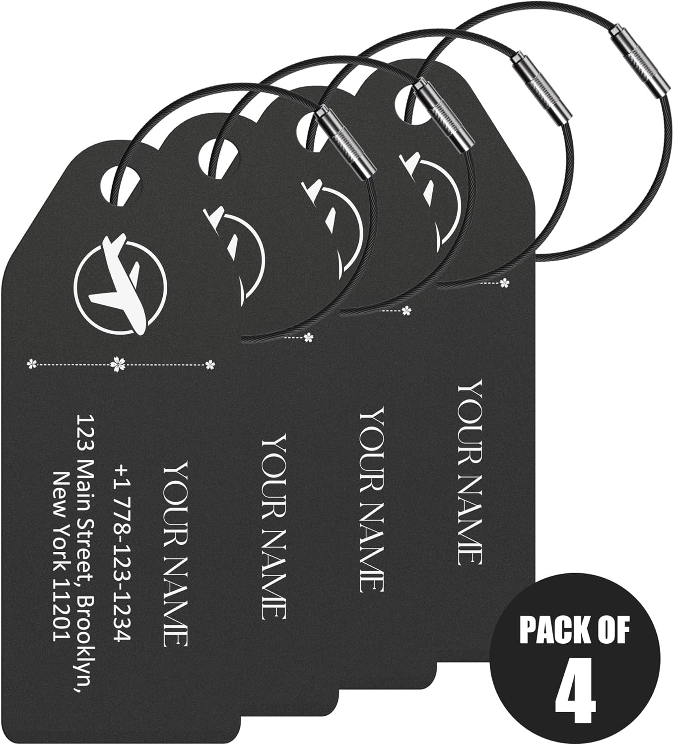 4 PCS Personalized Metal Luggage Tag – Personalized Engraved Suitcase Tag, Backpack Tag, with Matching Color Strap, Waterproof Suitcase Name Badge – Ideal Corporate Gift & Travel Accessory (Black)