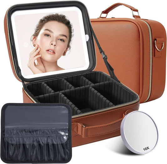 Mocado Travel Makeup Bag with LED Lighted Mirror, Travel Makeup Organizer, Makeup Case with 3 Color Lighted Setting and 10x Magnifying Mirror, Portable Storage and Adjustable Dividers(Orange Brown)