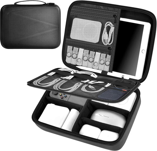 Electronics Organizer Travel Case for MacBook Power Adapter Charger Cables, Double Layer for Mouse, Power Banks, IPad, Airpods, for Apple Pencil, USB Flash Disk SD Card and Other Accessories - Black