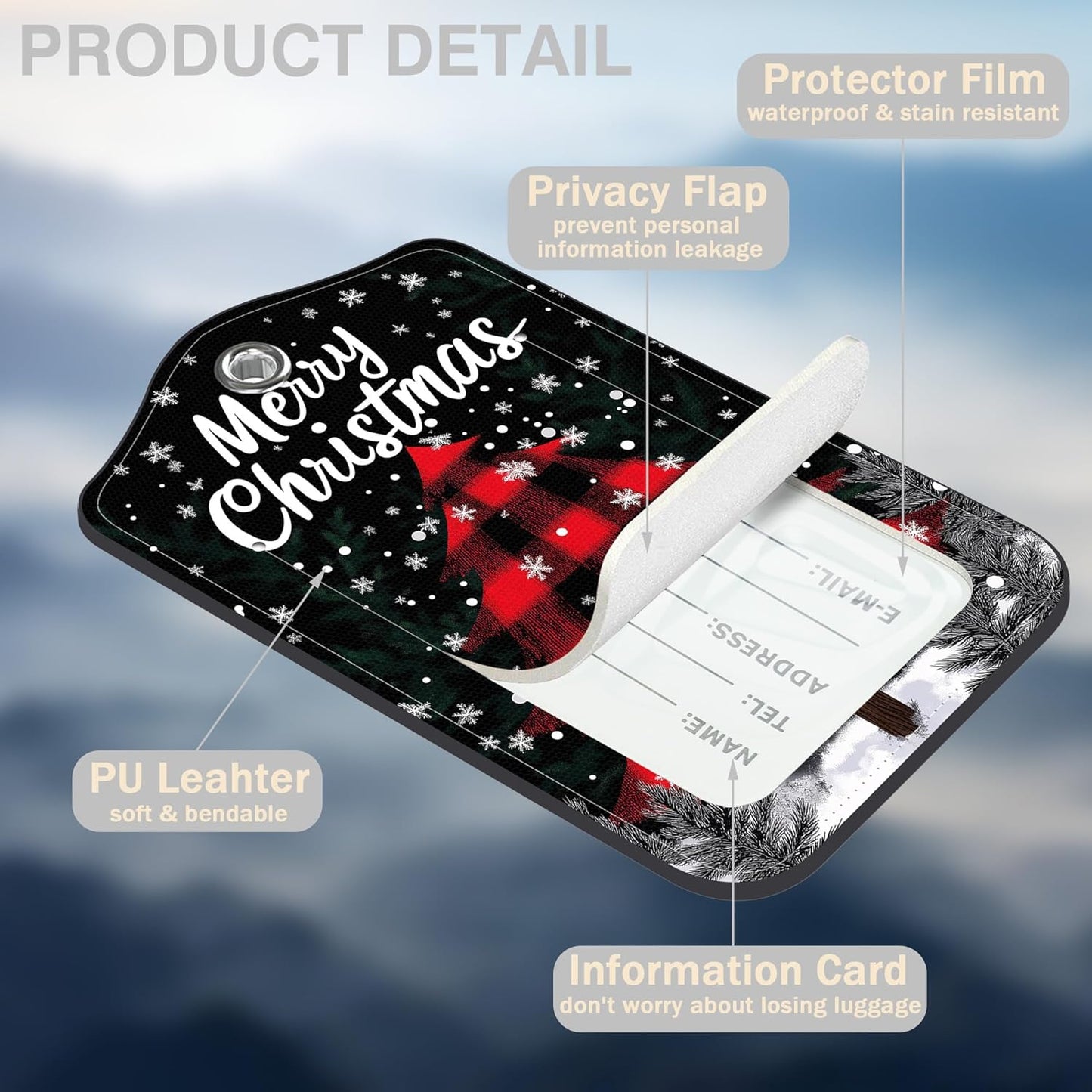 2 Pcs Red and Black Checkered Christmas Tree Luggage Tags for Suitcases PU Leather Truck Baggage Tags Name ID Label with Privacy Cover and Stainless Steel Loop for Men Women Travel Bag Suitcase