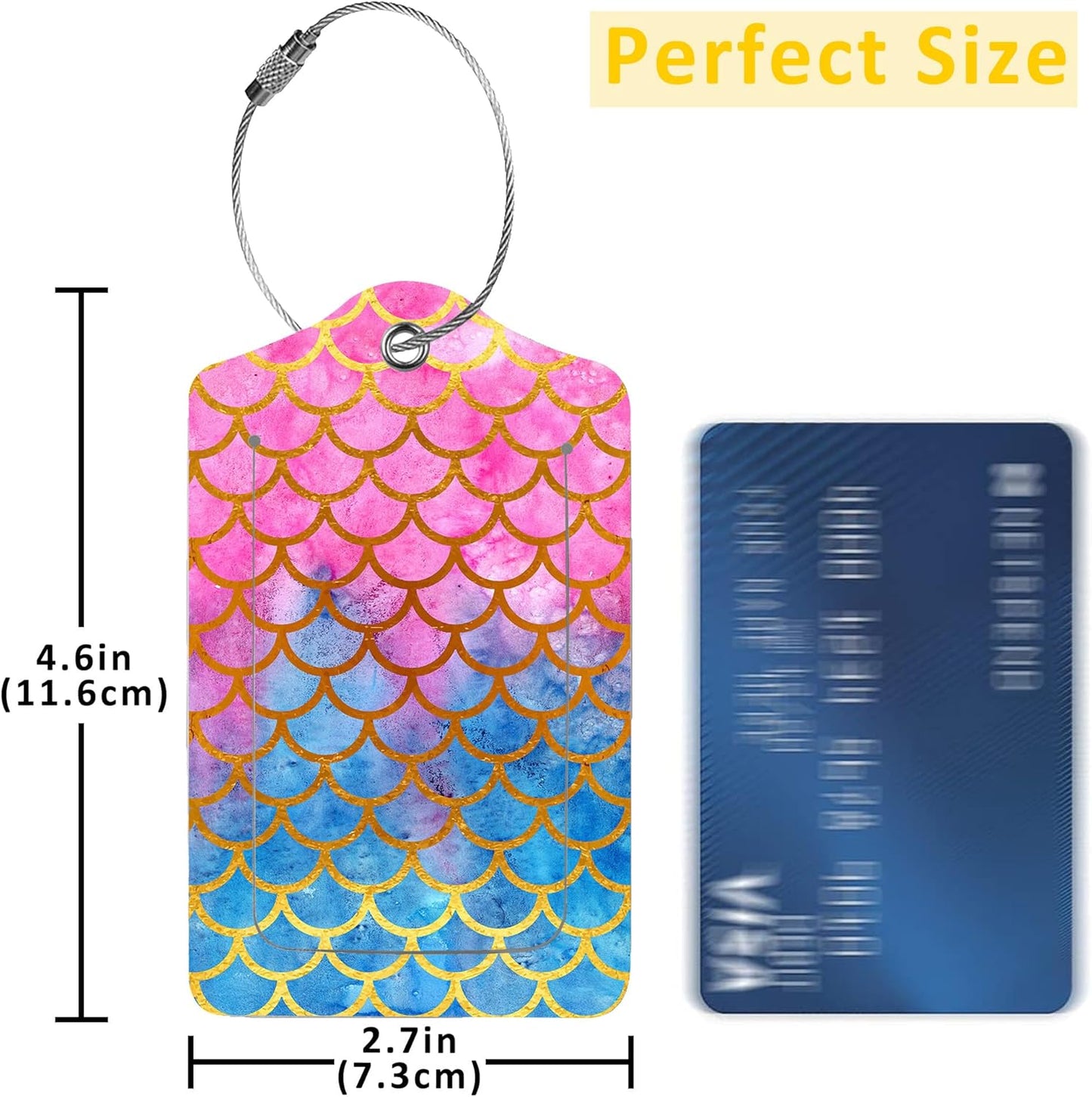 2 Pack Mermaid Scales Luggage Tags for Suitcases,Watercolor Fish Scales Leather Baggage Suitcases Tag Name ID Label Privacy Cover Travel Bag Tags for Women Men Boys Girls