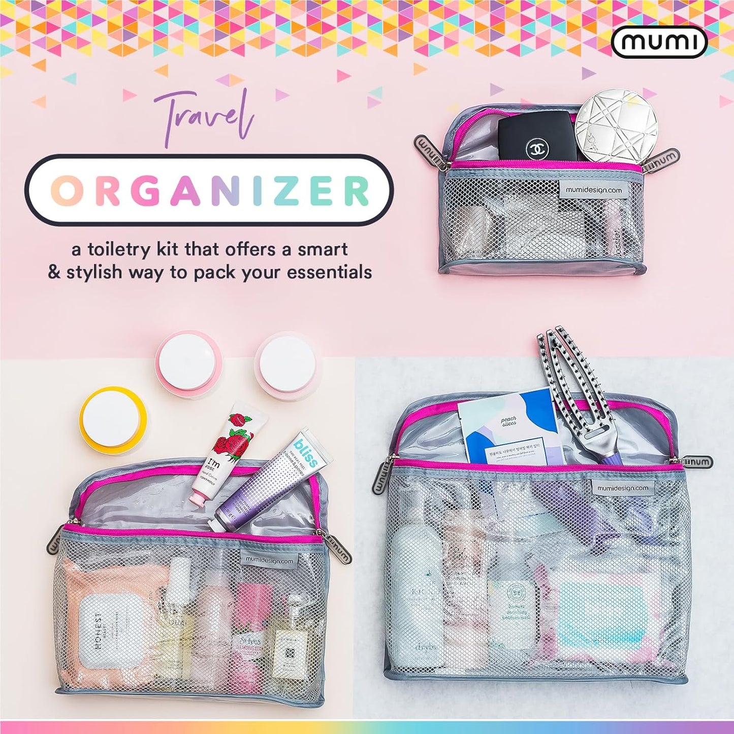 MUMI Travel Toiletry Bag Set of 3 – Clear TSA Approved Toiletry Bags for Women – Reusable Water-Resistant Makeup Organizer Pouches for Skincare, Cosmetics, Travel Accessories, Airport Packing - Pink