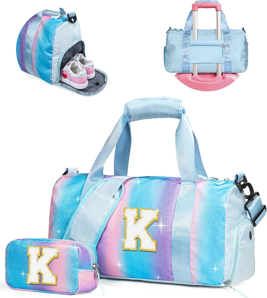 Girls Cheer Up Gifts-Girl Gym Bag with Shoe Compartment, Kid Personalized Weekender Overnight Bags, Initial Travel Tote with Makeup Pouch, Graduation Gift for Niece Kids Daughter (Letter K)