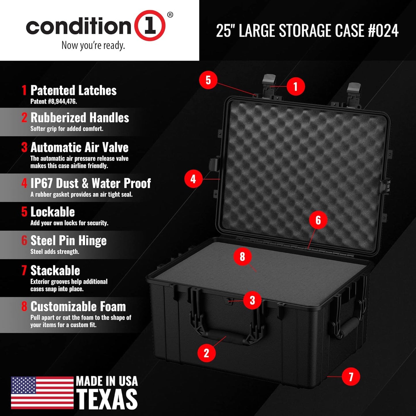 Condition 1 25" Large Heavy-Duty Protective Waterproof Hard Case, Model 024, Portable Storage Box with Customizable Foam, Camera, Tool, Hunting, Made in USA, 24.27"x19.40"x13.57" Black
