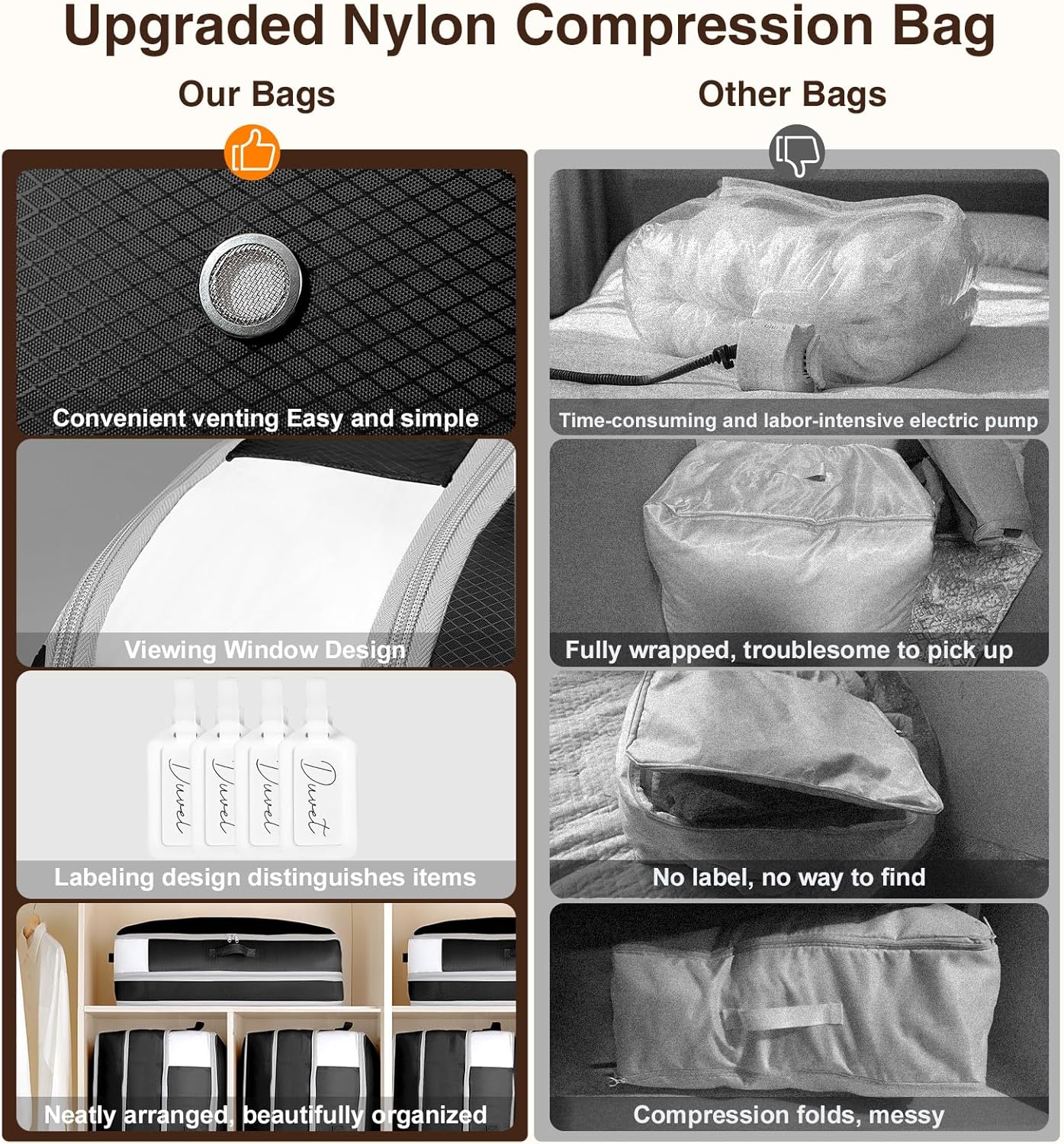 4 Pack Compression Storage Bags - 110L Large Capacity Comforter Storage Bag, 3-Layer Washable Ultra Space Saving Self Compression Organizer Space Bags for Blanket, Sweater, Sheet, Black