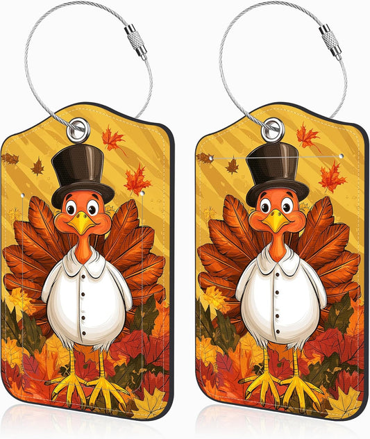 2 Pcs Autumn Turkey Luggage Tags for Suitcases PU Leather Baggage Tags Name ID Label with Privacy Cover and Stainless Steel Loop for Men Women Travel Bag Suitcase