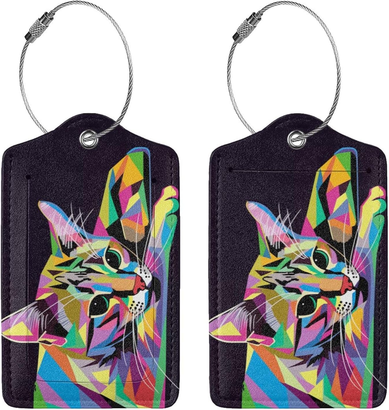 Cat Leather Luggage Tag with Stainless Steel Ring, Fun Name Id Card Cover Travel Bag Tag Set, Suitable for Travel Bag Luggage Women Men 1 PCS