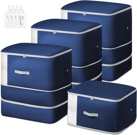 Comforter Storage Bag - 130L Blanket Storage Bags 3-Layer Ultra Space Saving Self Compression Organizer, Washable Compression Bags for Storage Comforter Blanket, 4-Pack, Navy Blue