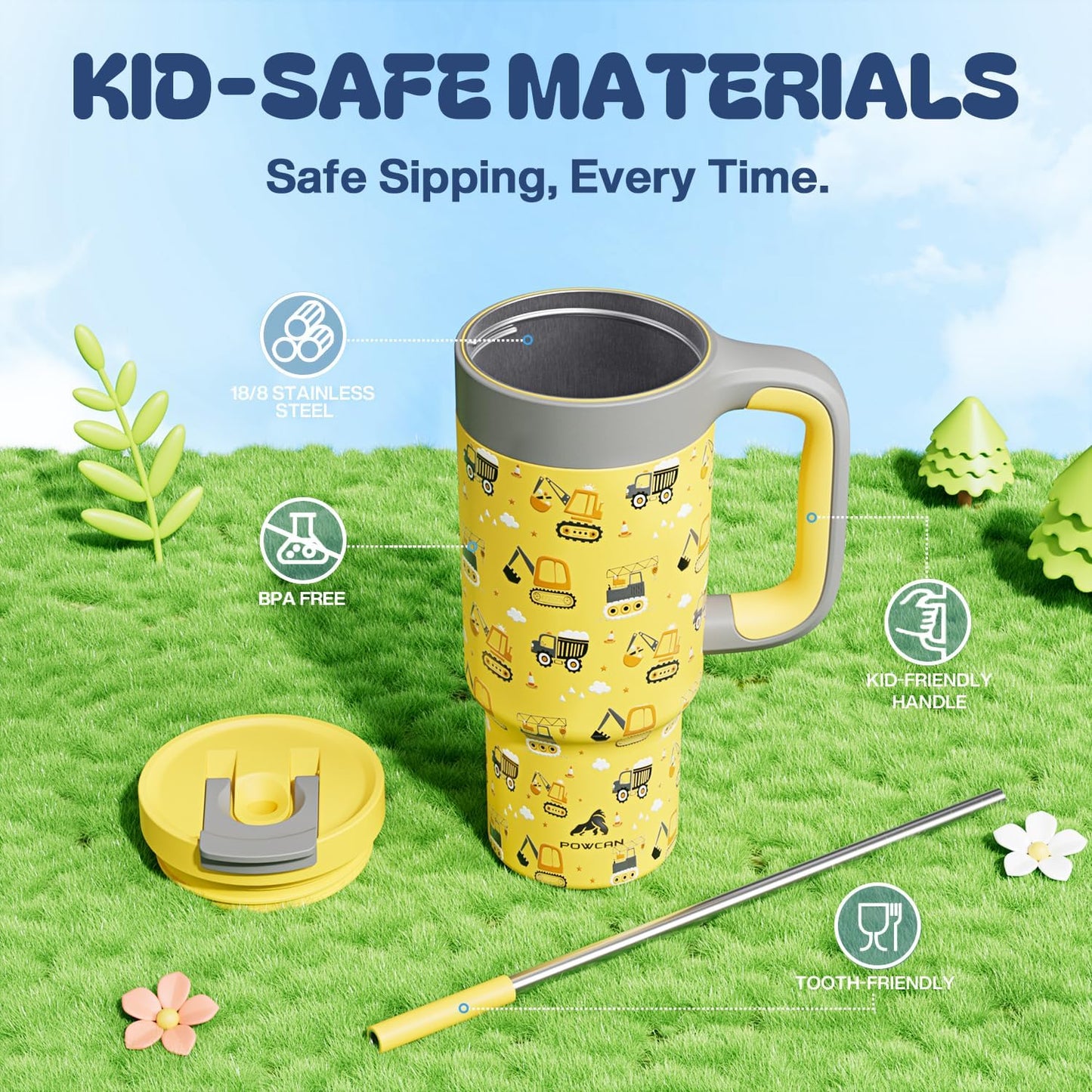 24 oz Stainless Steel Cup with Handle for Preschooler: BPA-Free, Lid with Straw, Easy to Clean, Car Cupholder Friendly, Insulated Tumbler for Playtime, Sports, Summer Camp, Vacation, Gift (Dig It Up)