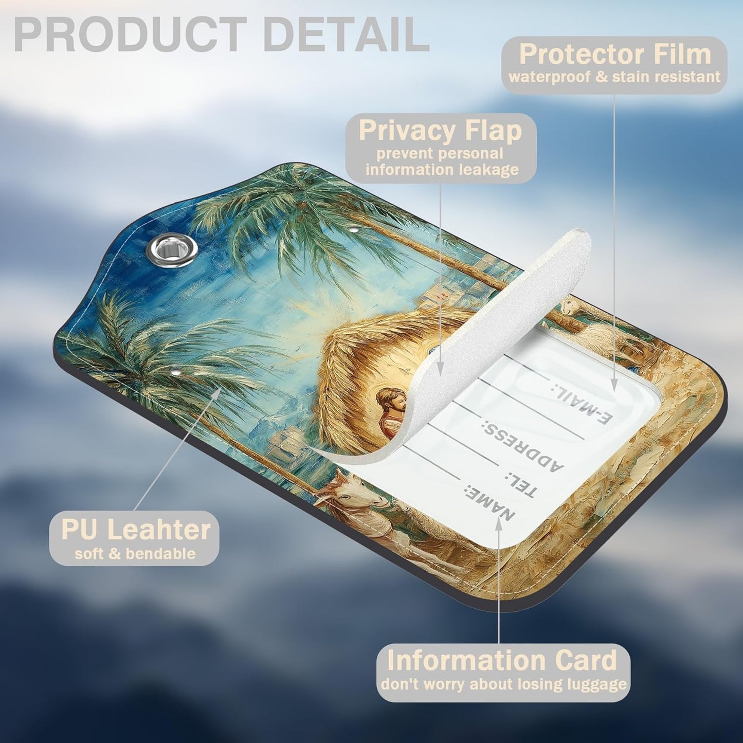 2 Pcs Nativity Scene Luggage Tags for Suitcases PU Leather Baggage Tags Name ID Label with Privacy Cover and Stainless Steel Loop for Men Women Travel Bag Suitcase