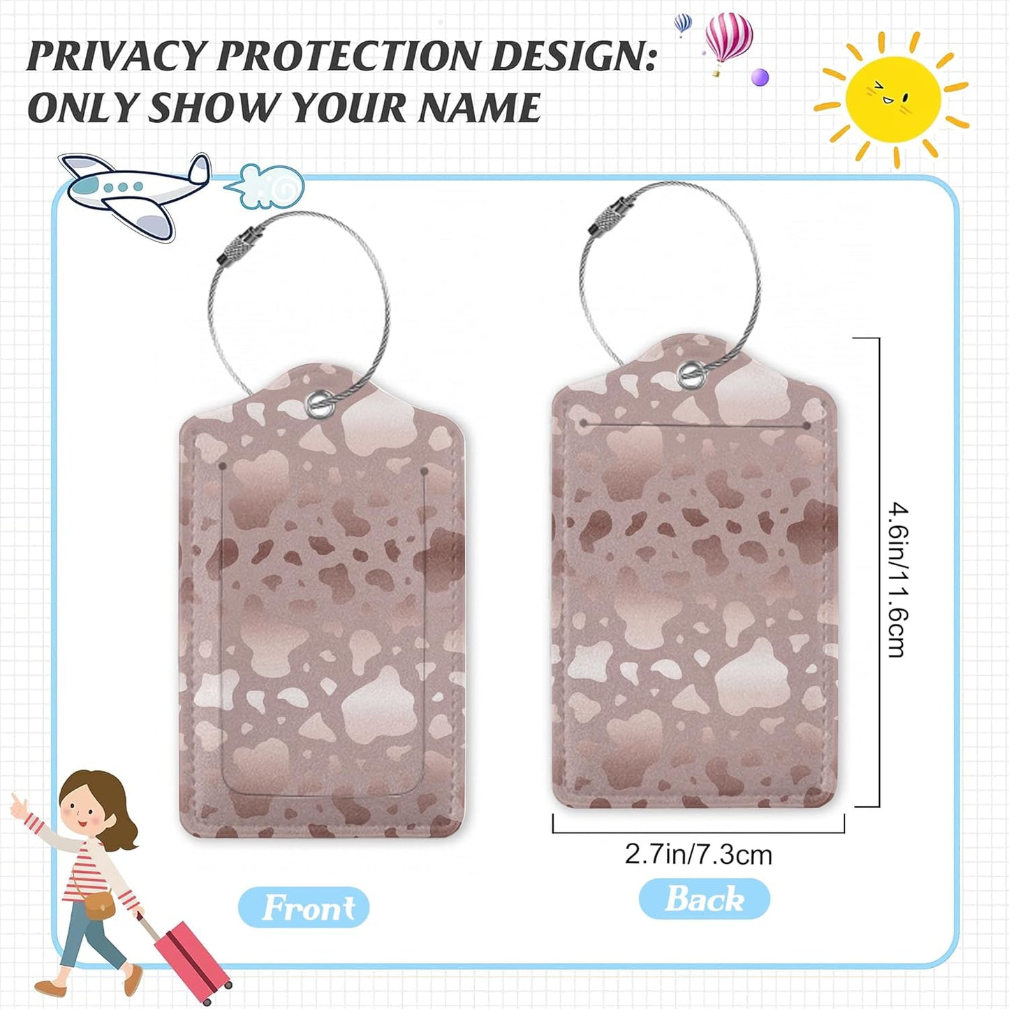 3 Pack Luggage Tag for Suitcase,Glitter Rose Gold Leather Luggage Tags with Privacy Cover Name ID Label Identifiers Travel Bag Tags for Women Men Boys Girls