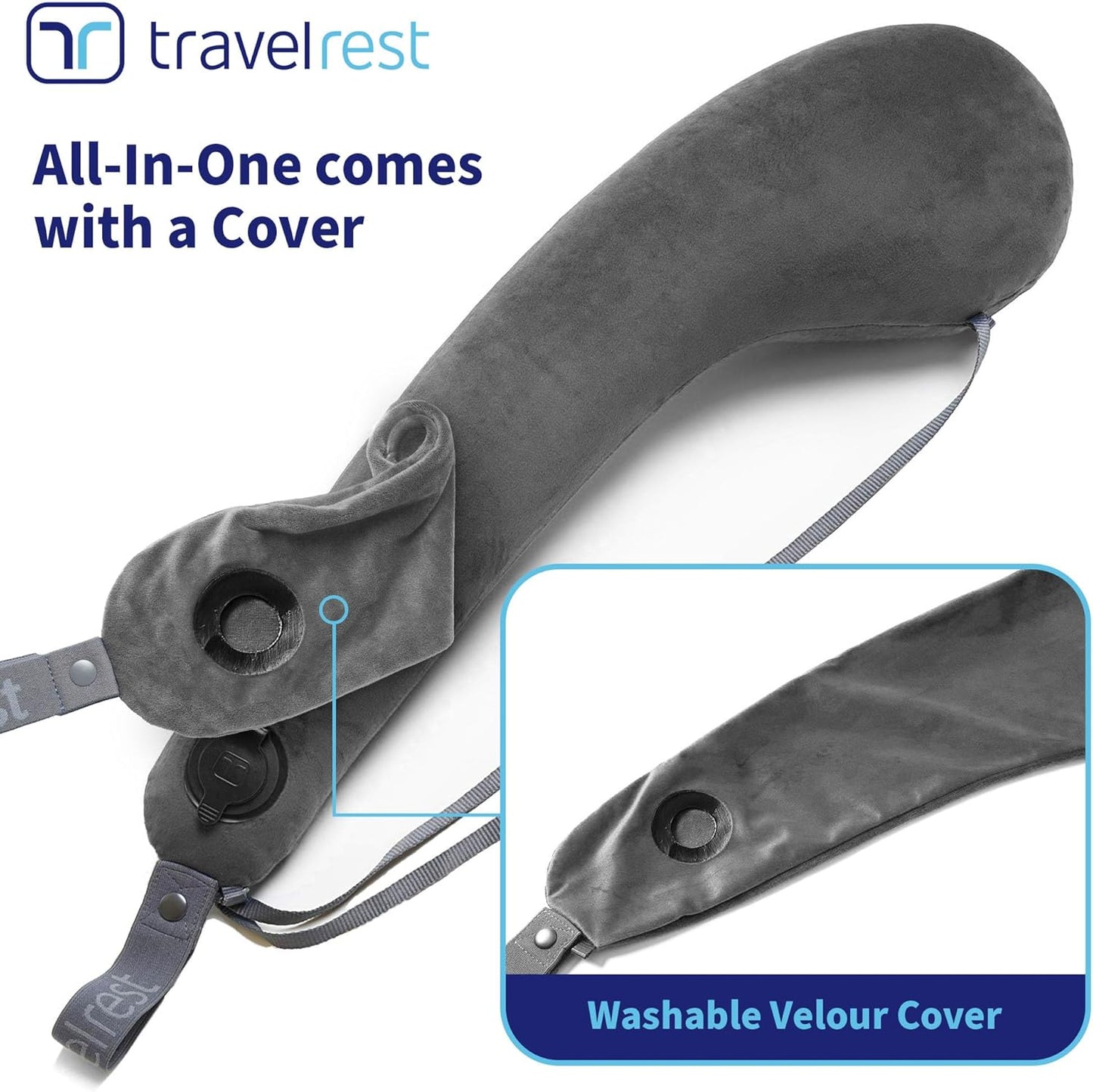TRAVELREST All-in-One Neck & Body Pillow, Advanced Support Design, Travel Essential, Memory Foam Inserts, Inflatable, Airplane & Car Seat, Sleeping on Long Flight & Trips, Grey (Washable Velour Cover)