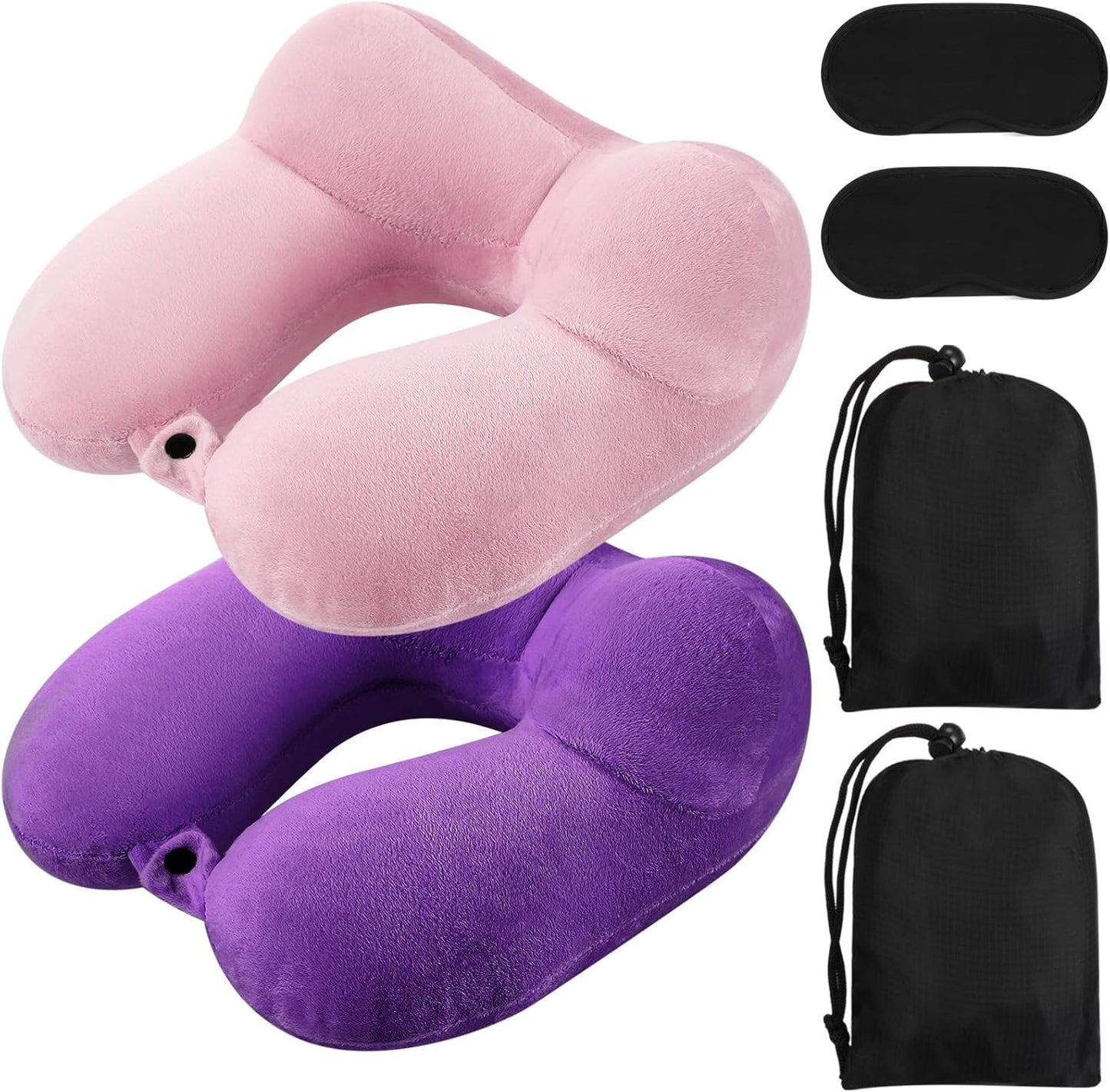 Sintuff 2 Pack Inflatable Travel Pillow for Airplanes Inflatable Neck Flight Pillows with Compact Bag and Blindfold for Traveling, Airplane, Train, Car, Office(Light Pink and Violet)