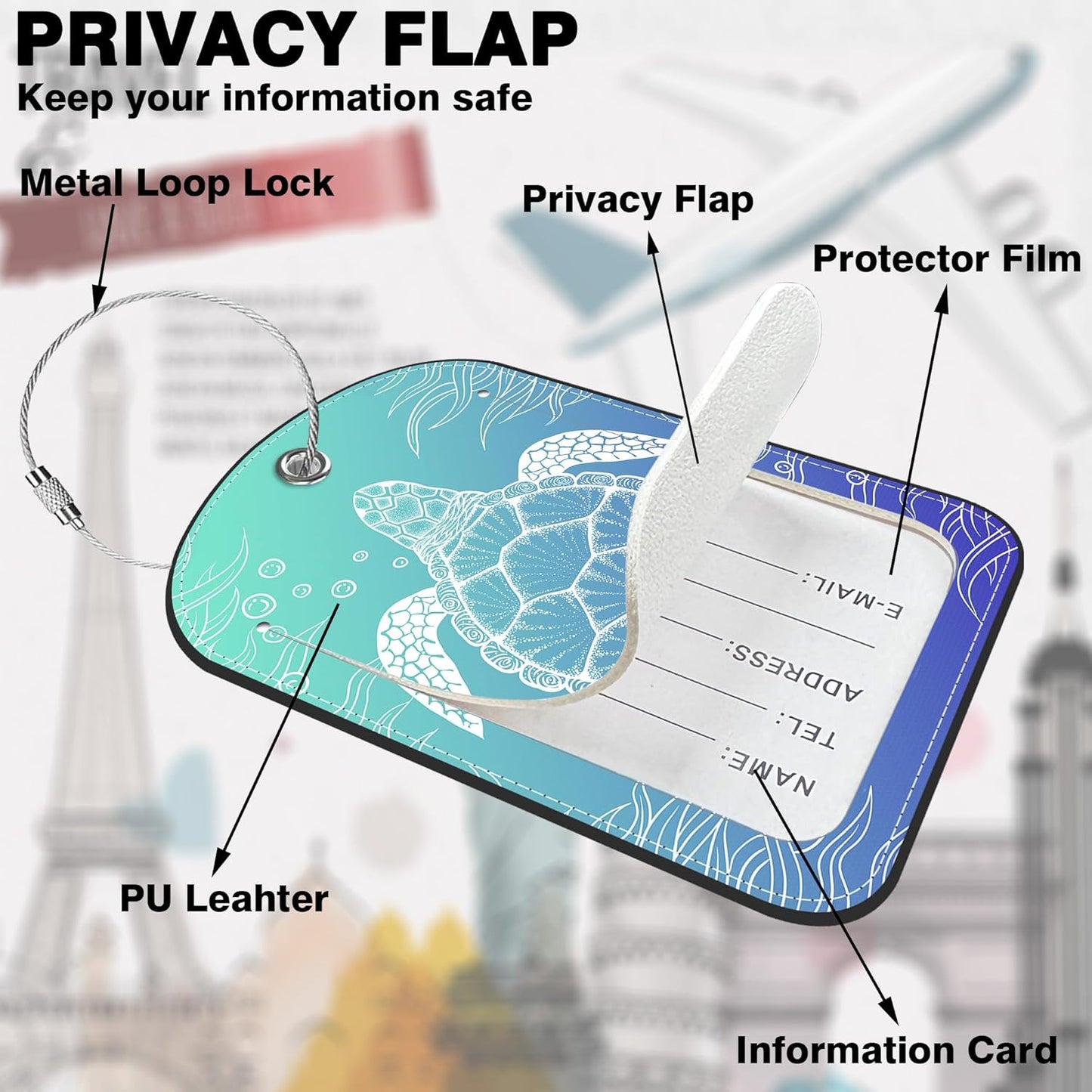 2 Pack Luggage Tag for Suitcase Turtle Leather Suitcase Tags with Privacy Name ID Label and Stainless Steel Loop for Travel Bag