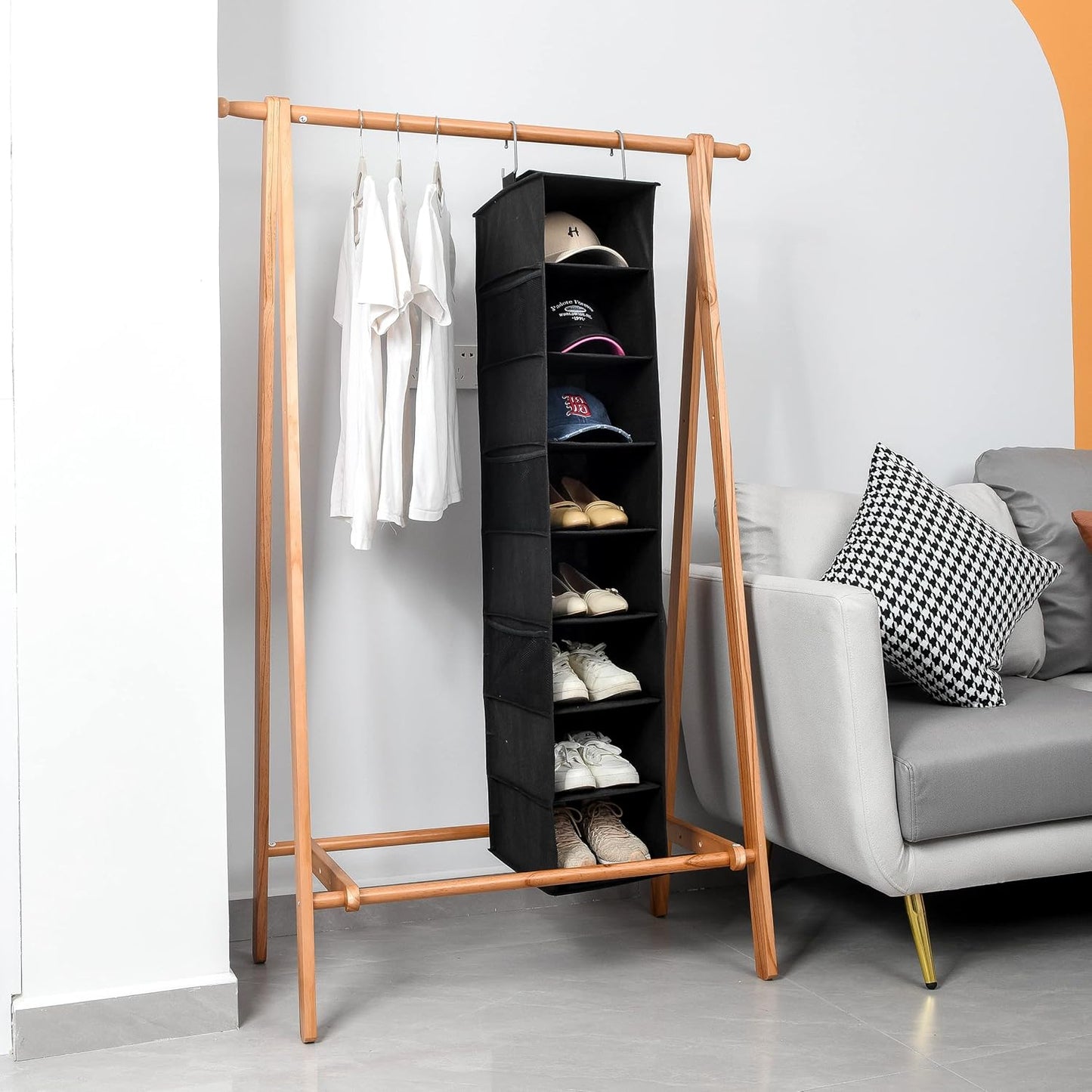 Hanging Shoe Organizer for Closet with Side Mesh Pockets，Hat Racks for Baseball Caps，Shoe and Hat Holder & Storage，8-Shelf，Black，2 Pack
