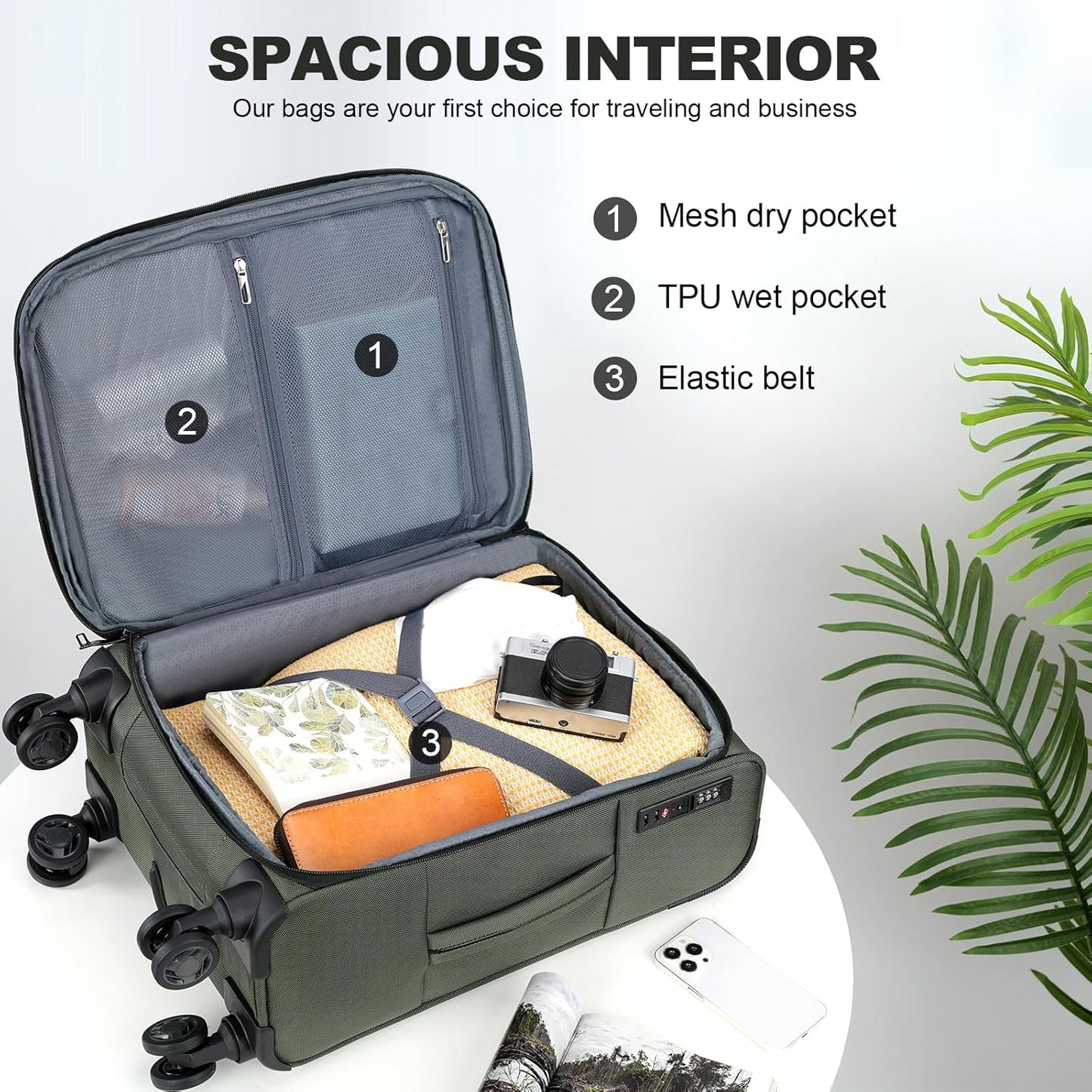 KROSER Softside Expandable Carry On Luggage with Spinner Wheels & Built-in TSA Lock, Durable Suitcase Rolling Luggage with USB Port, Carry-On 20-Inch, Army Green