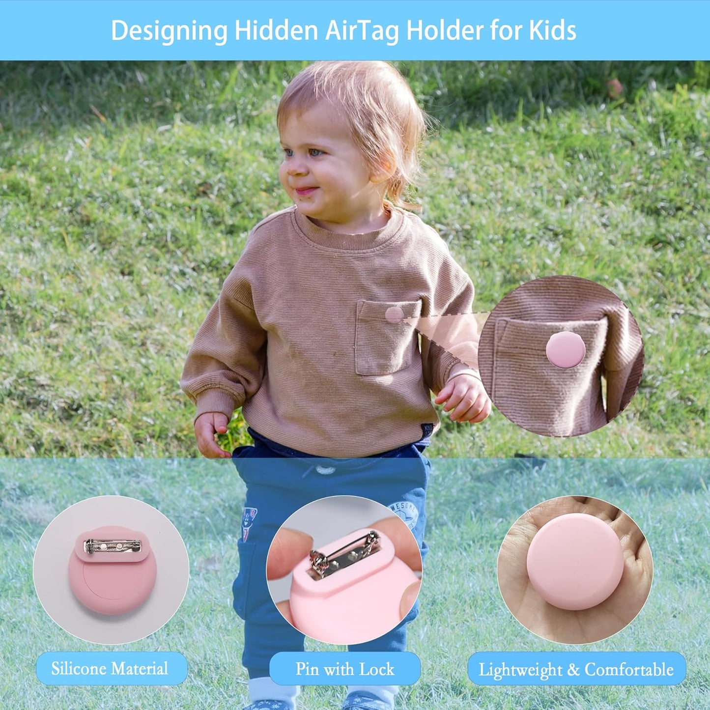 Waterproof AirTag Holder for Kids[Discreet] - 2-Pack Mini Silicone Air Tag Cover with Invisible Pin,GPS Tracker Case for Children, Elderly, Clothes, Backpack, Luggage (Dark Blue,Pink)