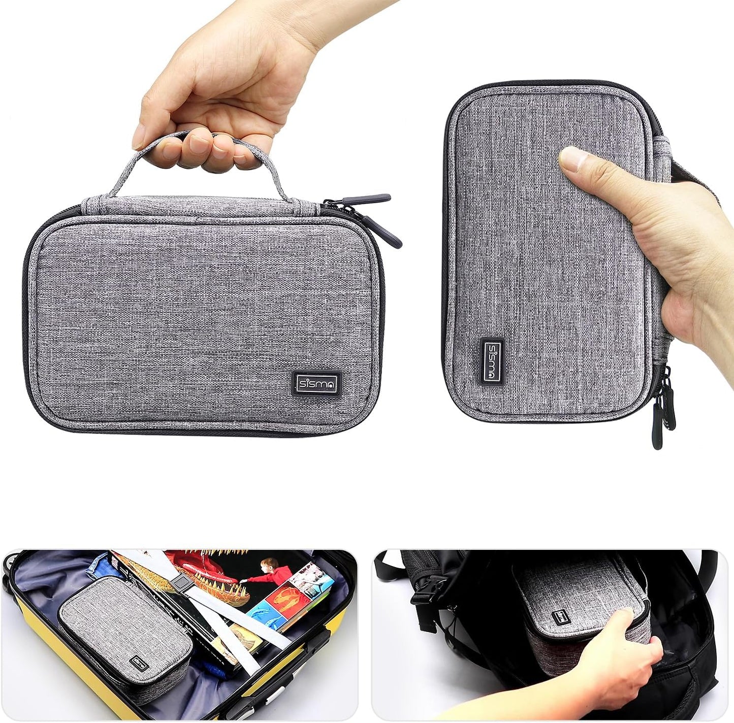 sisma Electronics Cords Organizer Tech Accessories Storage Case Travel Small Carrying Bag for Charging Cables Adapter USB Plugs Power Cord Leads - Grey 1680d