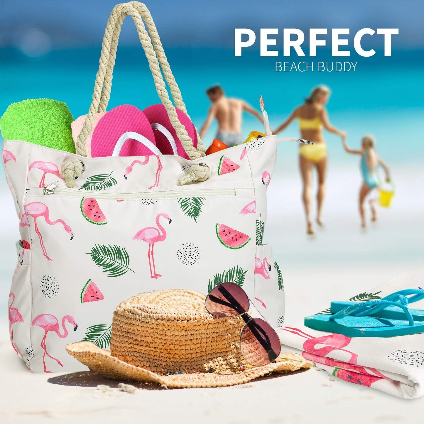 Beach Bag Spacious Shoulder Tote Travel & Gym Bag w/Multiple Pockets & Strong Zipper