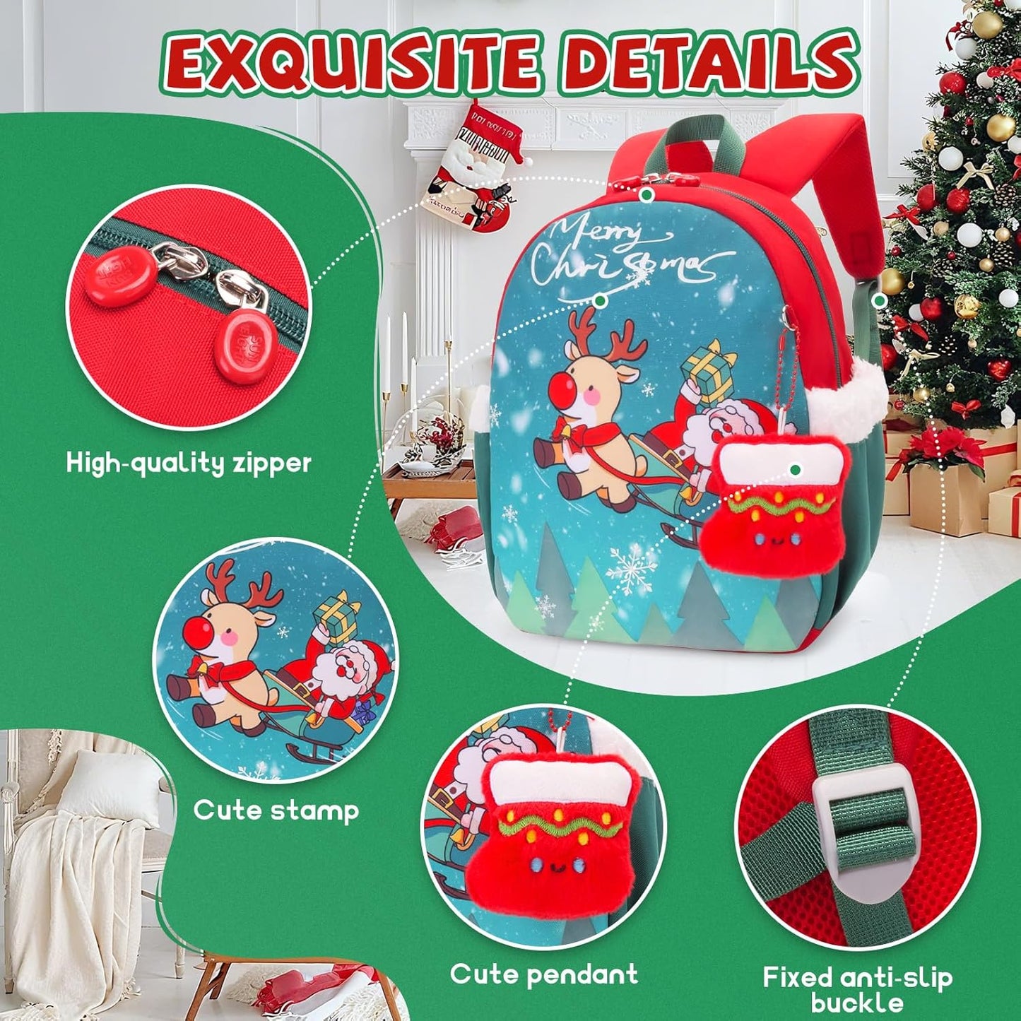 SUN EIGHT Kids Christmas Backpack – Glow in the Dark Santa & Reindeer Design, Lightweight Waterproof School Bag with Plush Stocking Charm & Gift Bag – Perfect Holiday Present for Boys and Girls