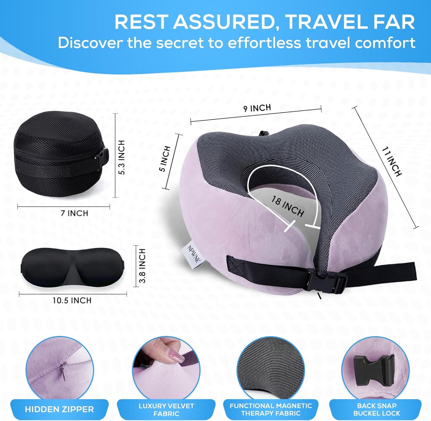 Pure Memory Foam Travel Pillows for Airplanes – Ergonomic Design with Adjustable Fit, Machine Washable, 3D Eye Mask & Compact Plane Pillow for Traveling – Grey & Pink