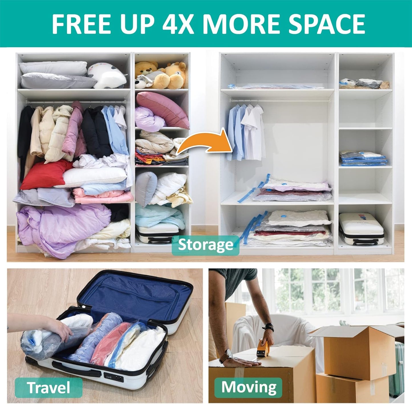 16 Pack Vacuum Storage Bags, Space Saver Bags (2Jumbo/2Large/3Medium/3Small/6Roll) Compression Storage Bags for Comforters and Blankets, Vacuum Sealer Bags for Clothes Storage, Hand Pump Included