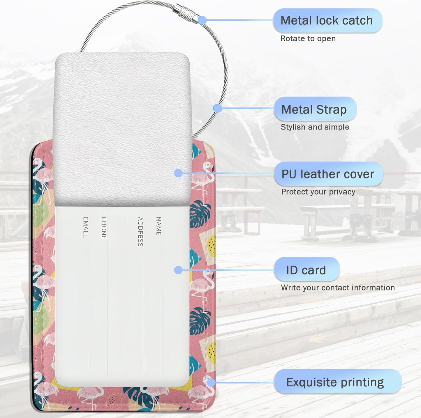 Pink Flamingo Luggage Tags,2 Pack Tropical Palm Leaves Luggage Tag,Leather Privacy Cover ID Label with Stainless Steel Loop for Women Men Kids Girls Travel