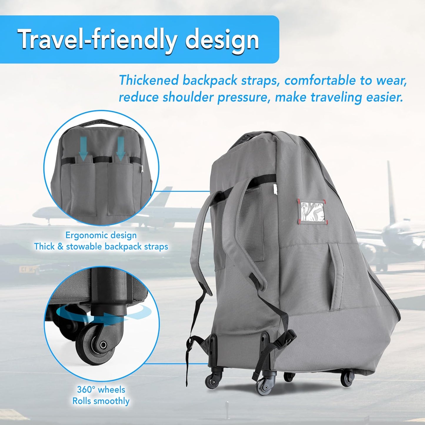 Car Seat Travel Bag with Wheels Heavy Duty Water-resistant Protective Cover for Airplane Travel & Rolling Design, Padded Handle,Padded Adjustable Strap (Grey)