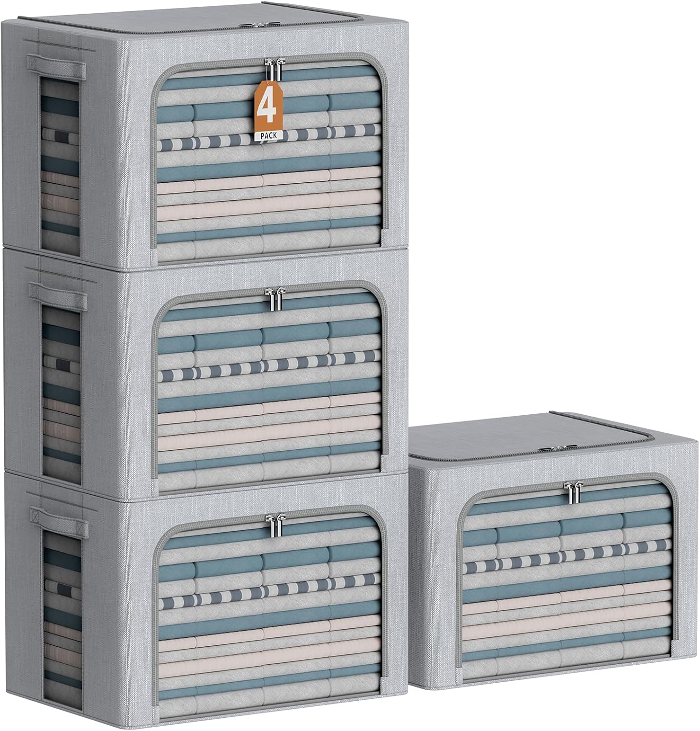 4 Pack Clothes Storage Bins with Metal Frame - Linen Fabric Foldable Stackable Container Organizer Set with Clear Window & Carry Handles & Zippers (Light Grey, 23.6"x16.5"x15.7")