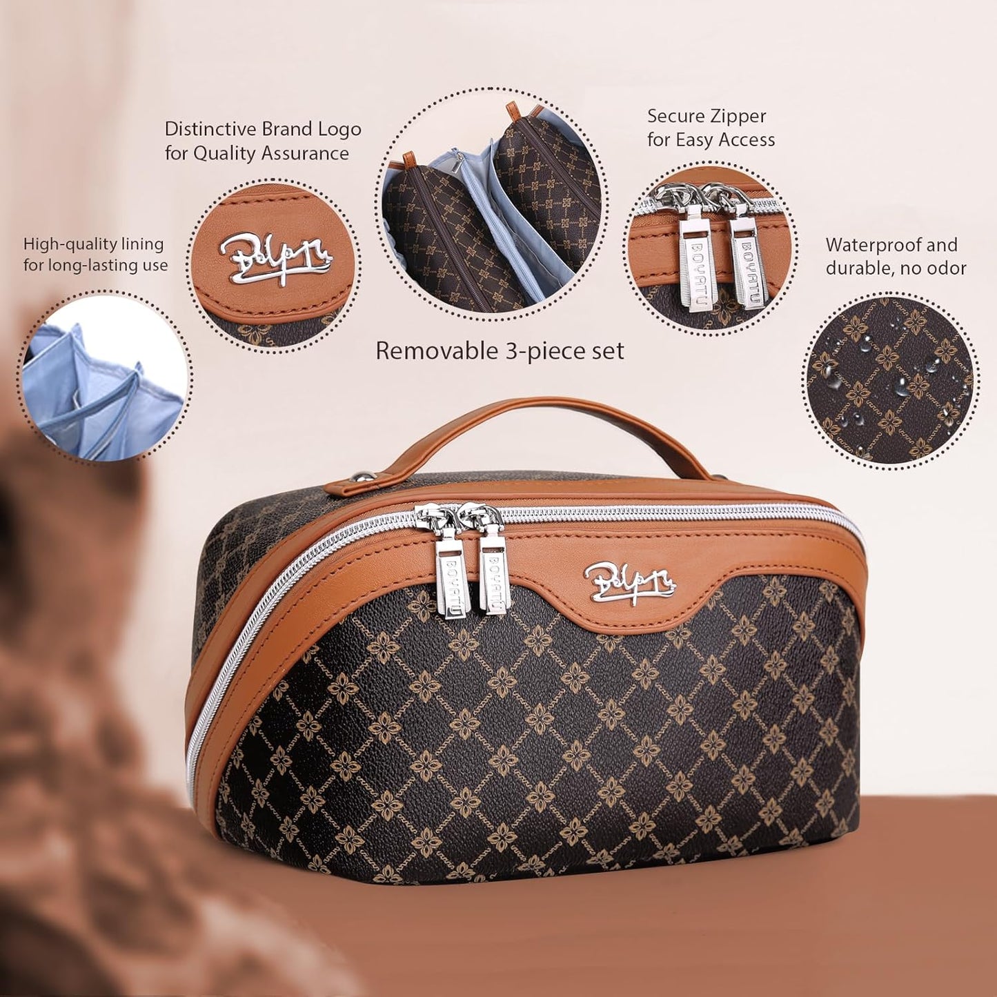 BOYATU Travel Makeup Bag Cosmetic Bags for Women: 3 Pcs Set Large Portable Make up Bag with Handle - Vegan Leather Toiletry Bags with Compartments - Makeup Organizer for Travel Essentials(01-Coffee)