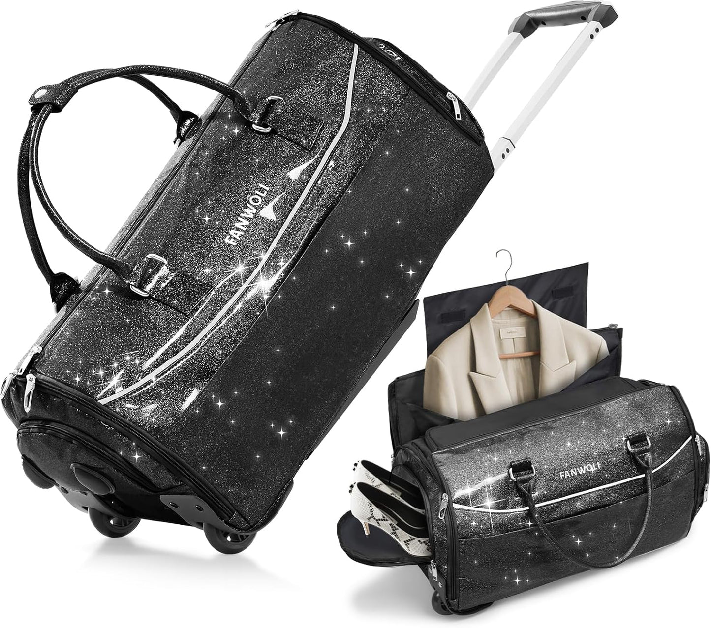 3-in-1 Rolling Garment Bags for Travel, Glitter Wheeled Carry-On Suit Luggage with Shoe Storage & Detachable Bag, Convertible Duffel Bag for Men Women Business Trips Weekender, Wrinkle-Free (Black)