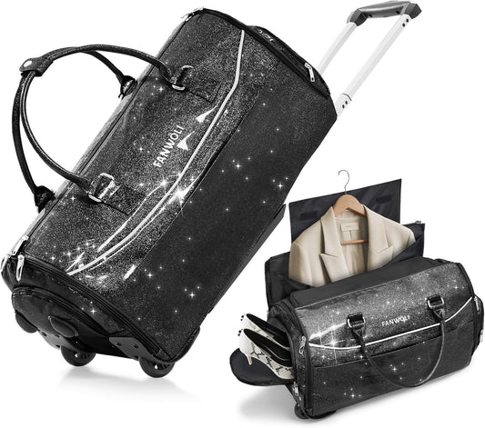 3-in-1 Rolling Garment Bags for Travel, Glitter Wheeled Carry-On Suit Luggage with Shoe Storage & Detachable Bag, Convertible Duffel Bag for Men Women Business Trips Weekender, Wrinkle-Free (Black)