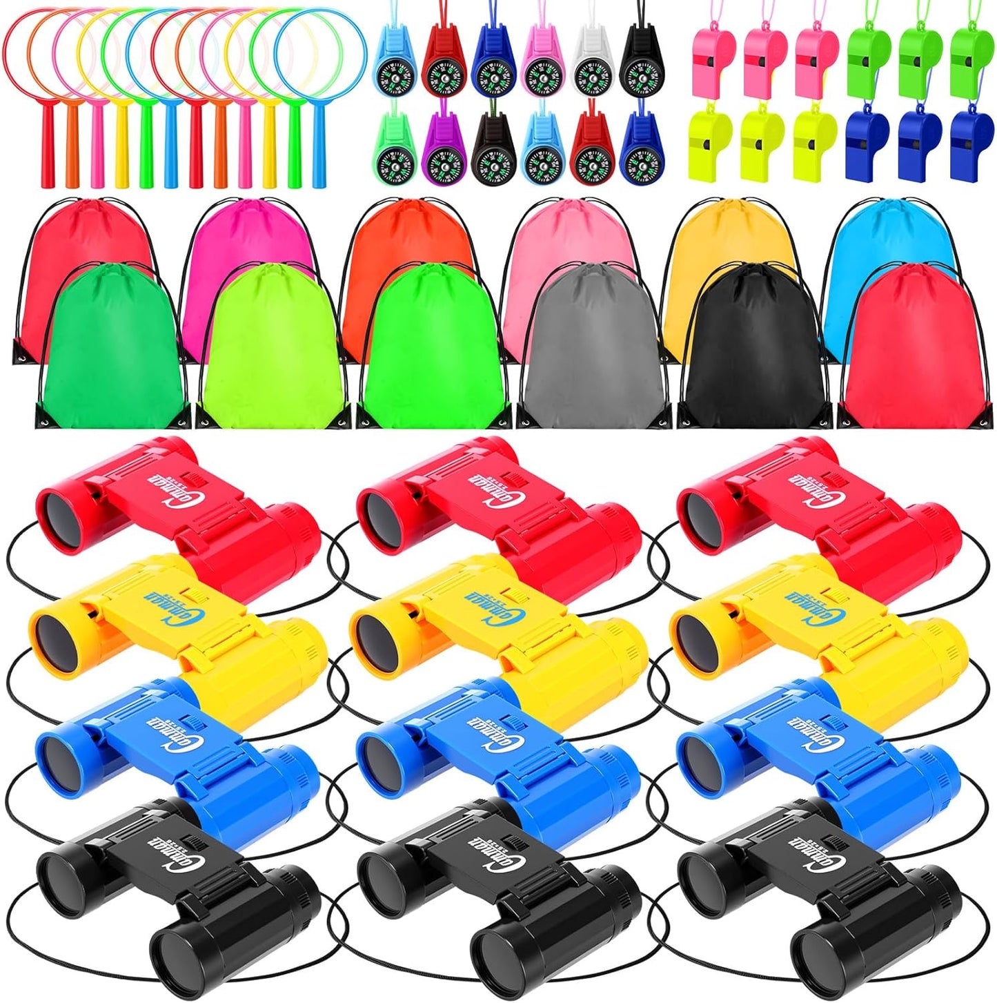 12 Set Binocular Compass Magnifying Glass Set Christmas Birthday Gift Small Telescope Binocular with Whistle Bag for Outdoor Exploring Stocking Stuffer(Assorted Color,Novelty)