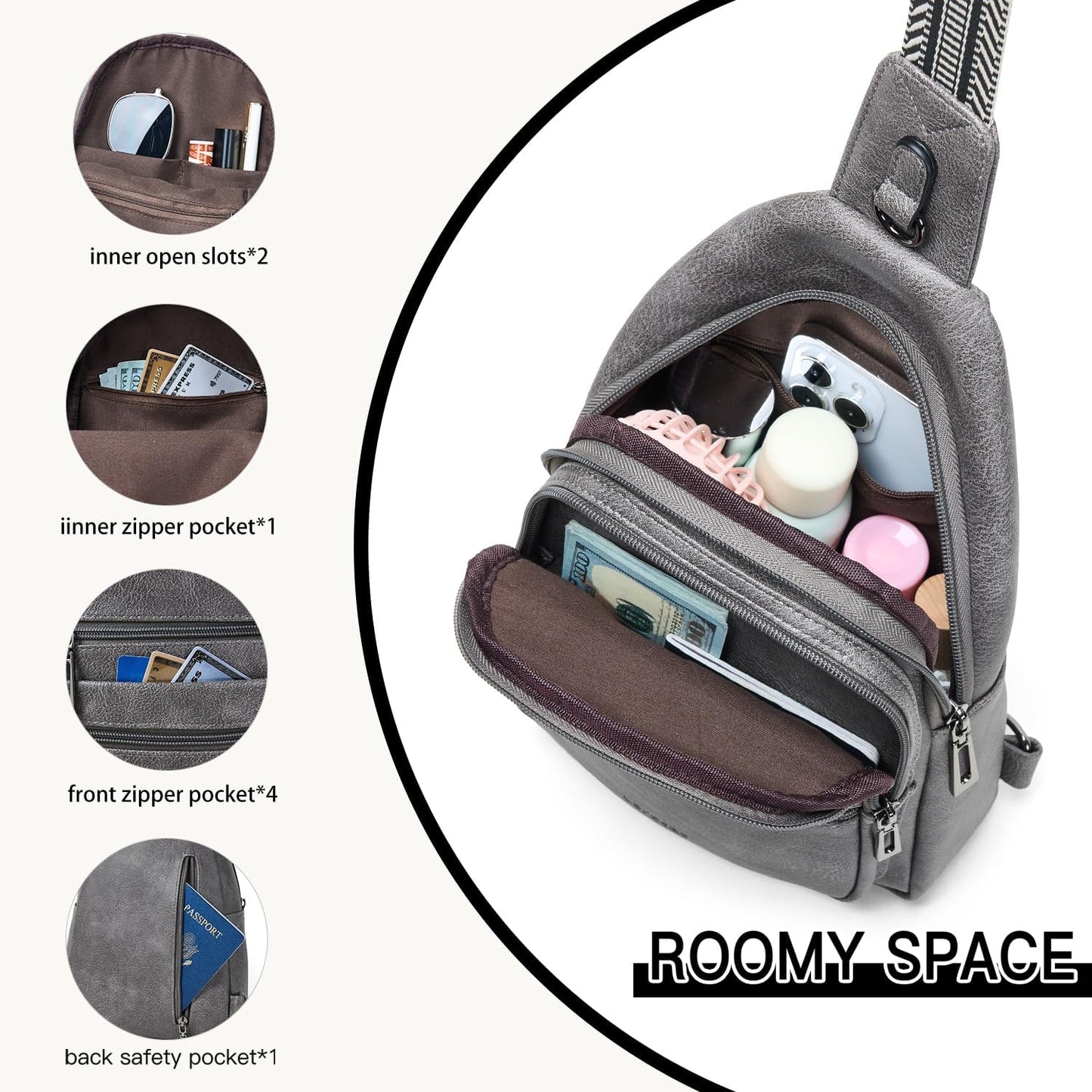 Sling Bag for Women Crossbody Bags Sling Purse Cross Body Backpack Vegan Leather Over Shoulder Bag Travel Dark Grey