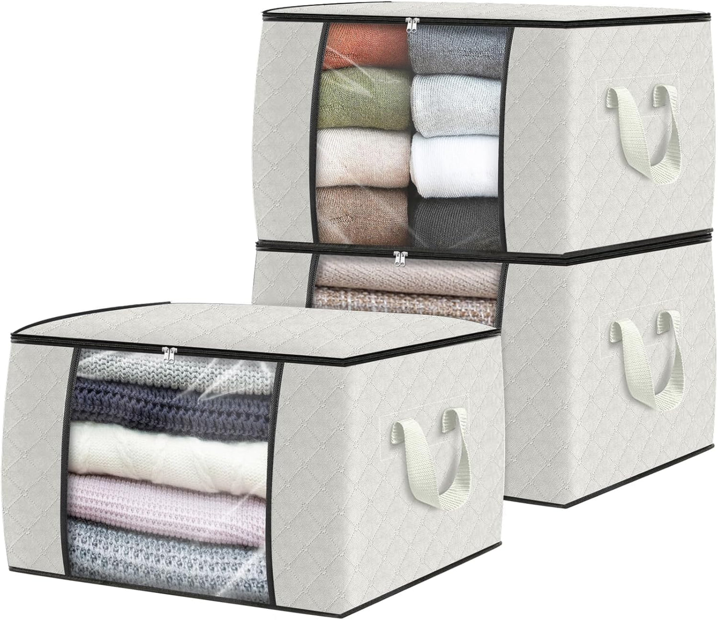 Fab totes 3 Pack Clothes Storage, Foldable Thick Fabric Blanket Storage Bags, Containers for Organizing Bedroom, Closet, Clothing, Comforter, Organization with Handle,Ivory White