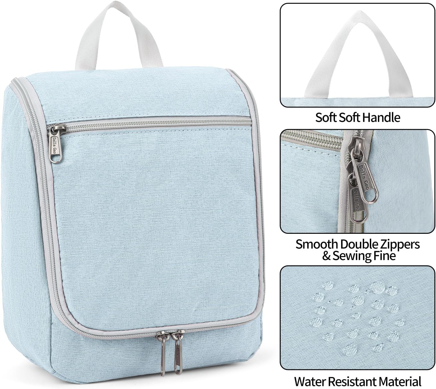 Della Gao Travel Toiletry Bag, Hanging Toiletry Bag for Men and Women, Water-resistant Makeup Bag Cosmetic Toiletries Organizer, Bathroom Bag, Sturdy Nylon, Light Blue