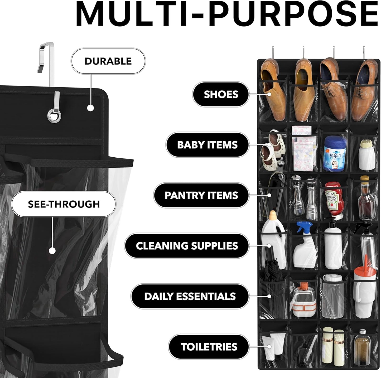 Simple Houseware 24 Pockets Large Clear Pockets Over The Door Hanging Shoe Organizer, Black (56" x 22.5")