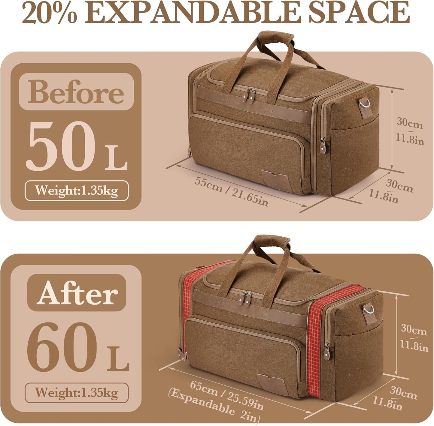 SHOWKOO Duffle Bag for Travel 60L Expandable Canvas Travel Bag Durable Vintage Weekender Overnight Carry On Bag for Men(Coffee)