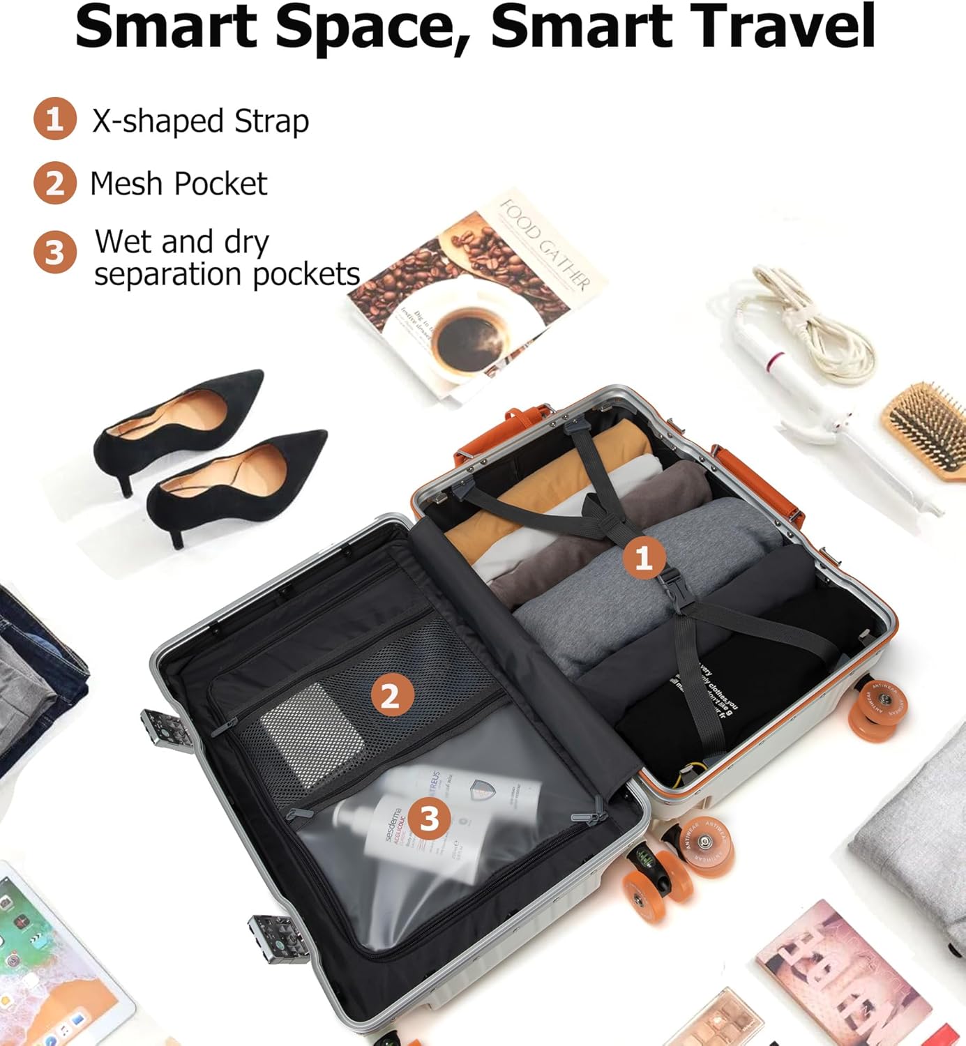 feilario 24" Aluminum Frame Wide Handle Hard Shell Carry On Suitcase - Vivid Colors Double Spinner Wheels Airline Approved Rolling Luggage with TSA Lock & Cup Holder (White, 24in)