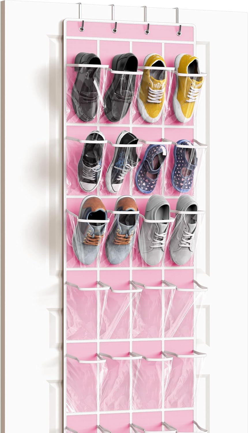 Simple Houseware 24 Pockets - Crystal Clear Over The Door Hanging Shoe Organizer, Pink (64'' x 19'')