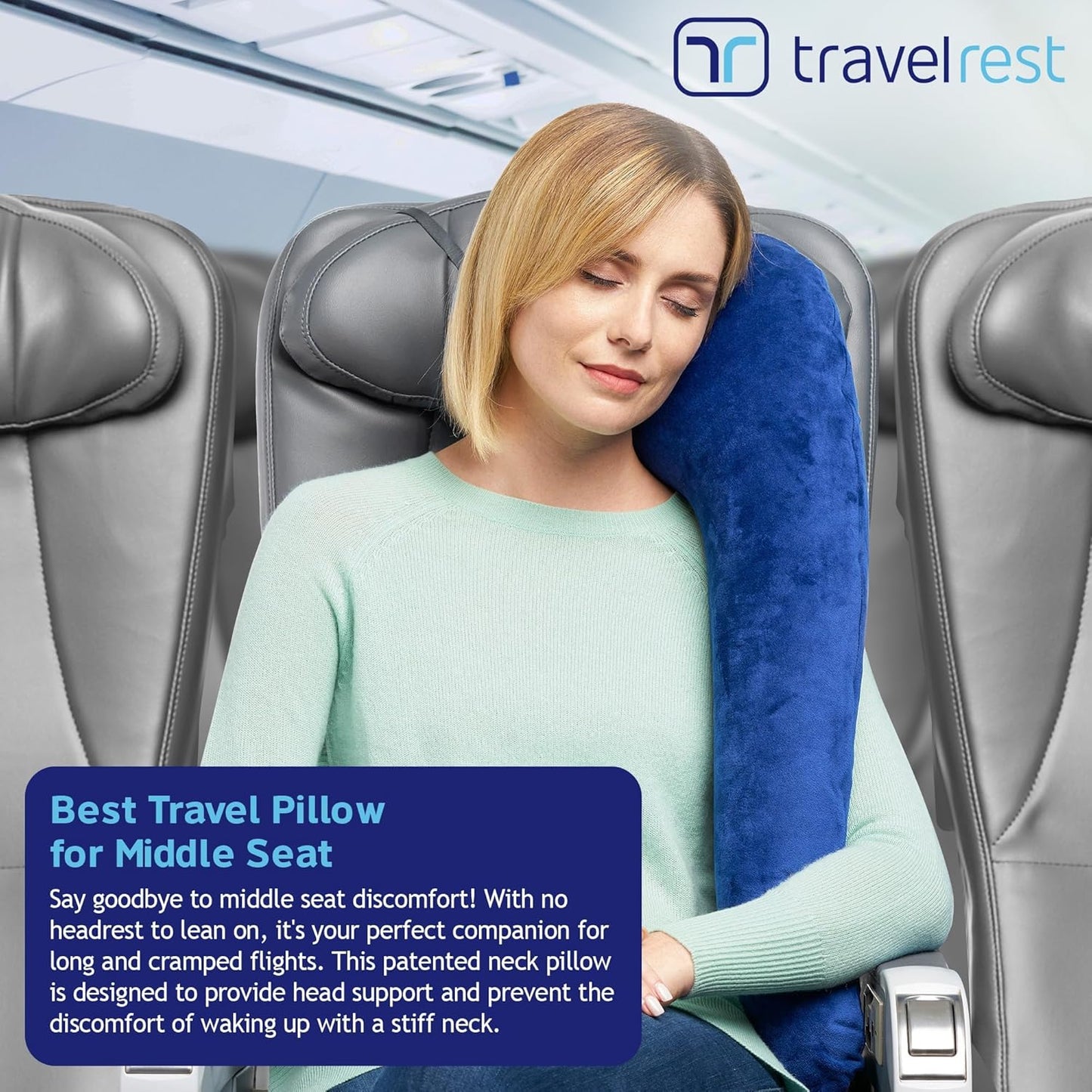 TRAVELREST All-in-One Neck & Body Pillow, Advanced Support Design, Travel Essential, Memory Foam Inserts, Inflatable, Airplane & Car Seat, Sleeping on Long Flight & Trips, Blue (Washable Velour Cover)