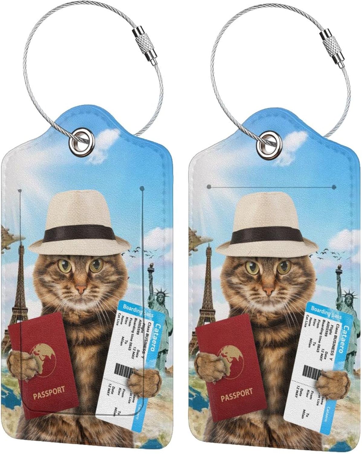 2 Pack Funny Cat Passport Luggage Tags for Suitcases Women Men Kids, Bag Tags for Leather Luggage with Waterproof Suitcase Tags Privacy Cover Name ID Label Steel Loop for Travel Bag Suitcase