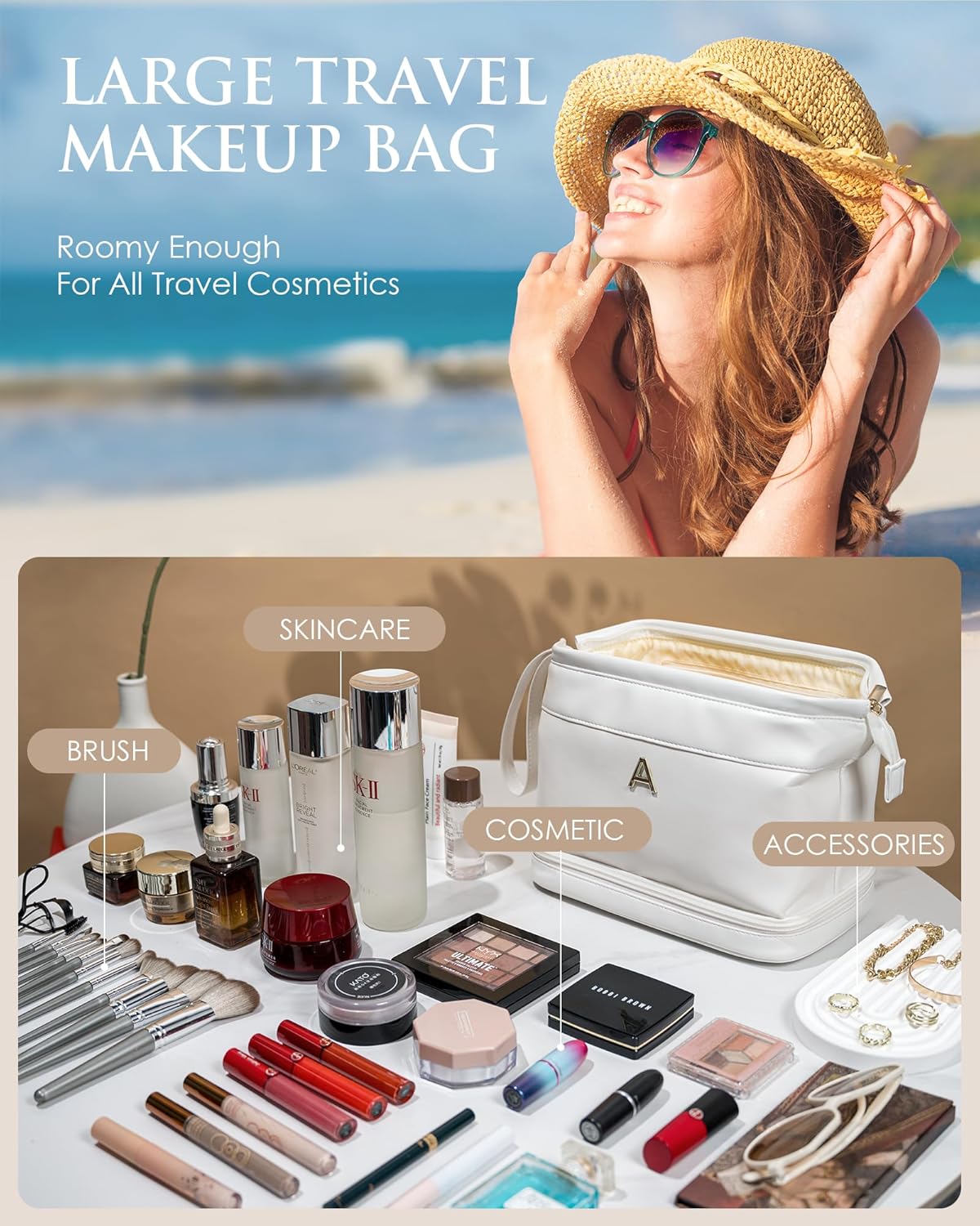 Women Gifts, Bridesmaid Gift, Initial Large Makeup Bag, Travel Essentials, Personalized Double Layer Cosmetic Bag with Makeup Brush Organizer, Toiletry Bag, Gifts for Friends Female Mom