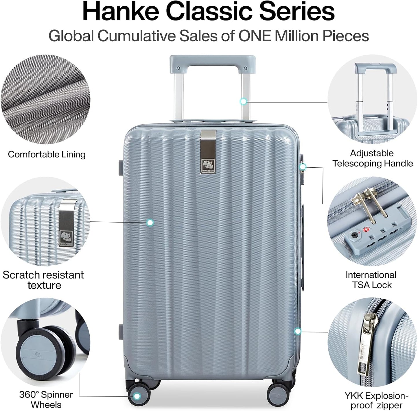 Hanke Suitcase, 2-Piece Set (20/29 Inch) Lightweight Hardshell PC Luggage with Spinner Wheels & TSA Lock, Gray, Extra Large Rolling Travel Bag, Nestable Storage, Waterproof, 103L