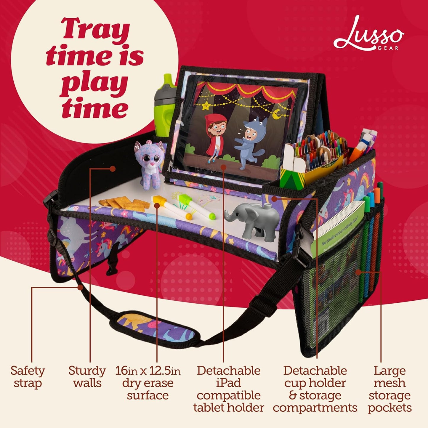Lusso Gear Kids Travel Tray for Car - Road Trip Essentials for Kids - Car Seat Tray for Toddlers & Kids - for Airplane, Kids Travel Desk, Road Trip Activities (Purple Unicorns)