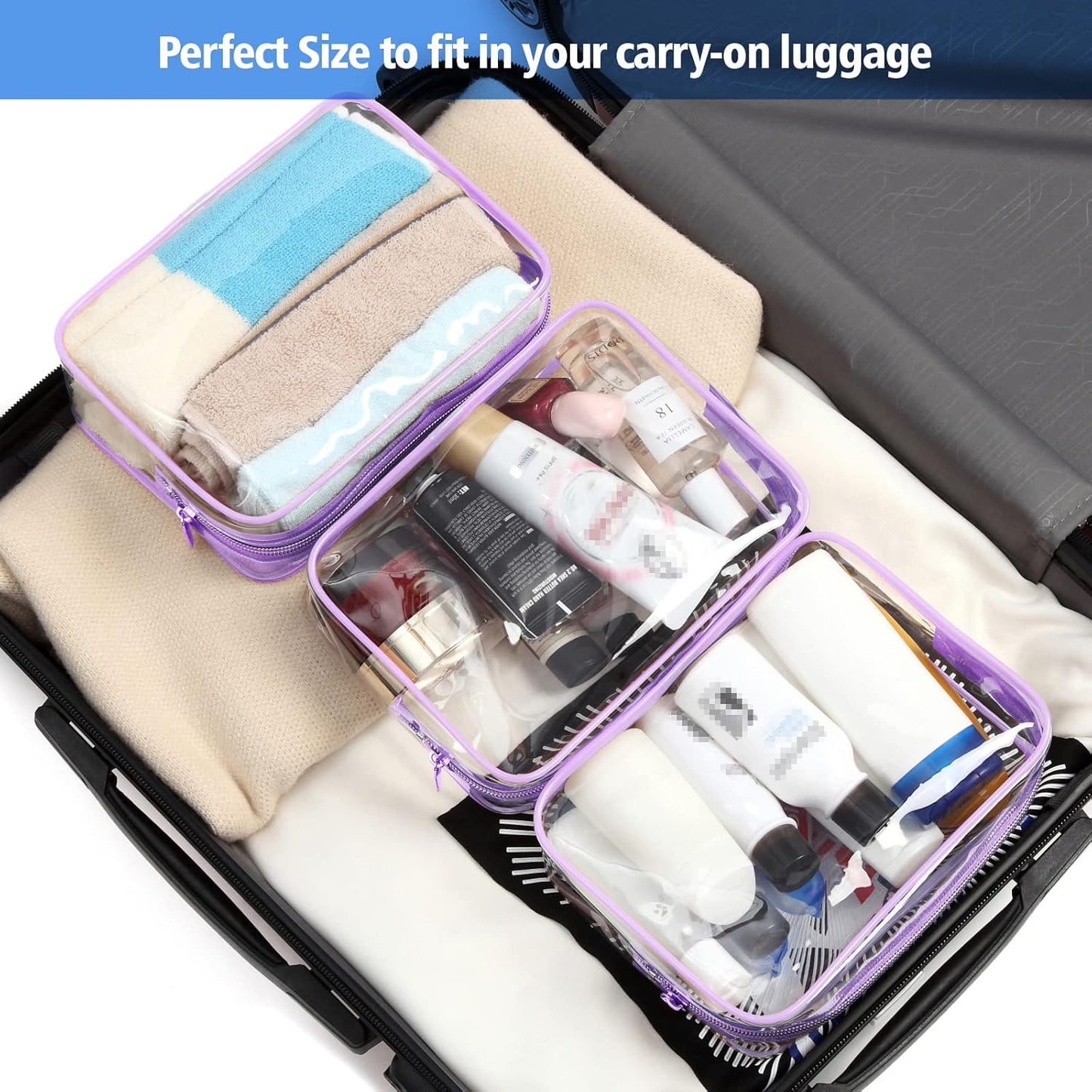 PACKISM Clear Toiletry Bag - 3 Pack Quart Size TSA Approved Toiletry Bag, Travel Makeup Cosmetic Bag for Women Men, Carry on Airport Airline Compliant Bag, Purple